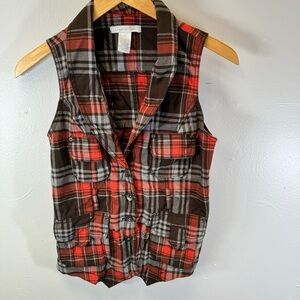 tartan plaid vest orange brown academia button up tennis prep small top crop